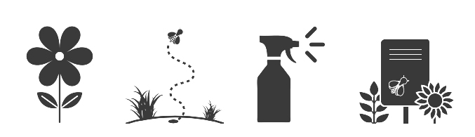 A graphic with a flower, a bee exiting a ground nest entrance, a spray bottle, and a pollinator habitat sign