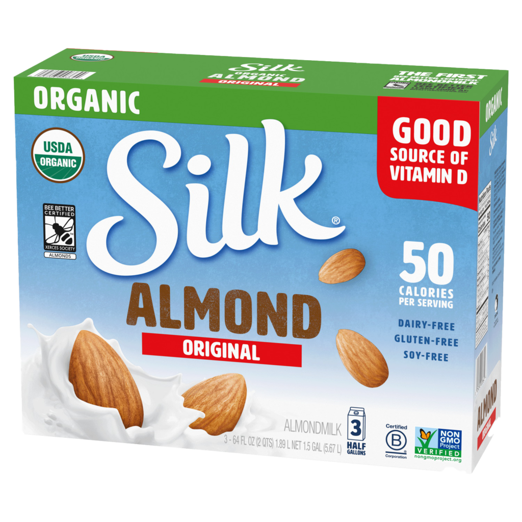 A bulk pack of silk Almond Milk (Original) with the Bee Better Certified Seal